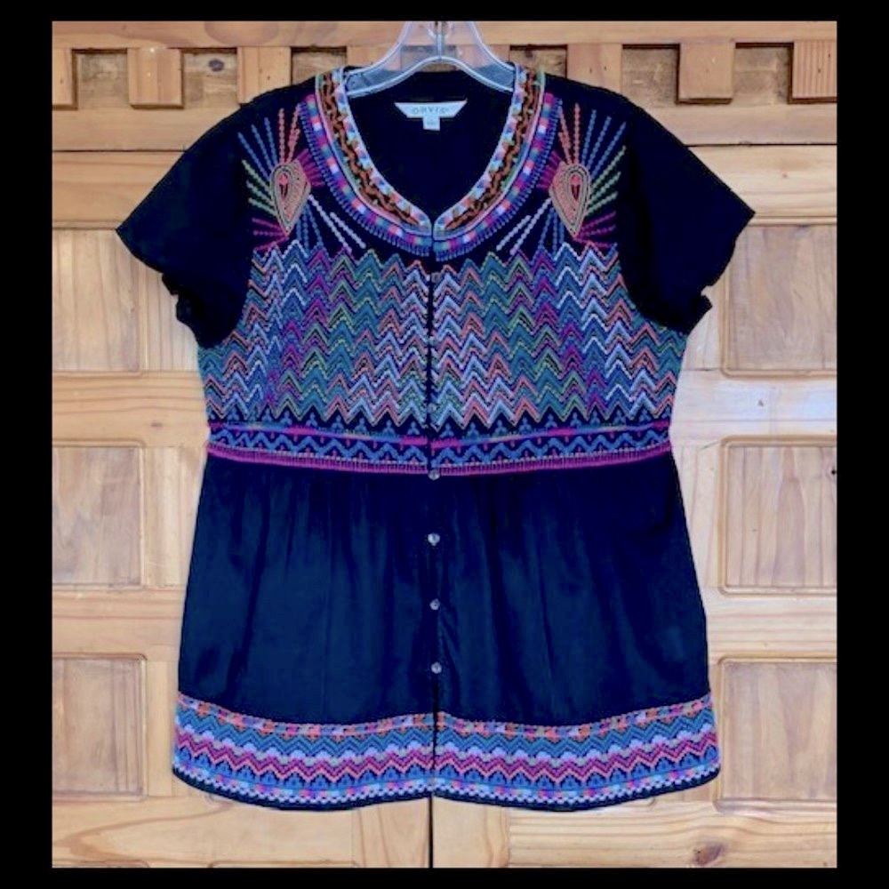 Artsy Boho Embroidered Cotton Swing Style Top Orvis SZ S Mesa Colors